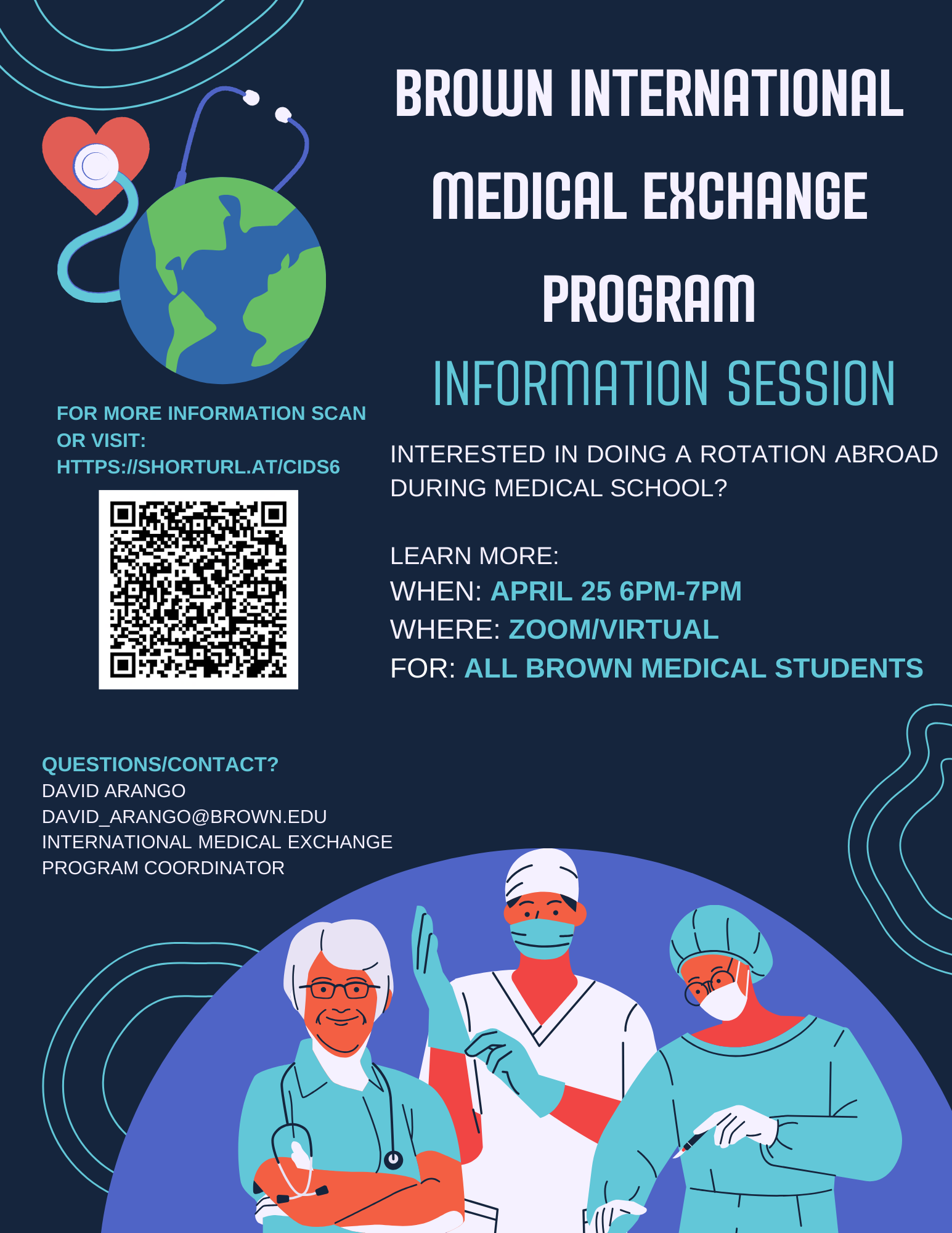 Brown International Medical Exchange Program poster with three doctors on the bottom