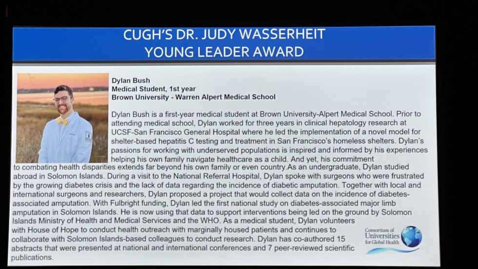 Slide explaining Dylan Bush's achievements and research history