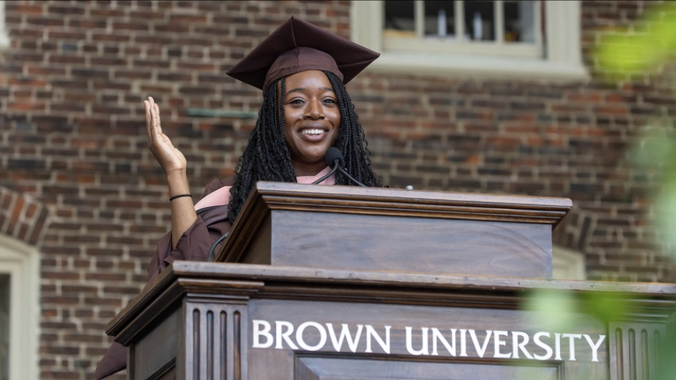 Student speaker Nadia Tsado encouraged her fellow graduates to draw inspiration from Olympic athletes to overcome life's challenges. Photos by Nick Dentamaro/Brown University