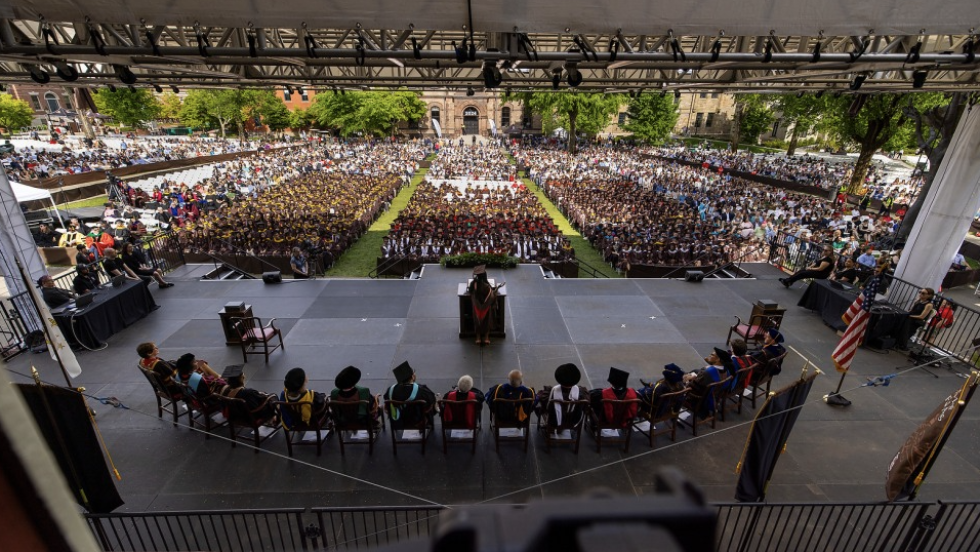 Master's ceremony with view from the stage onto the students